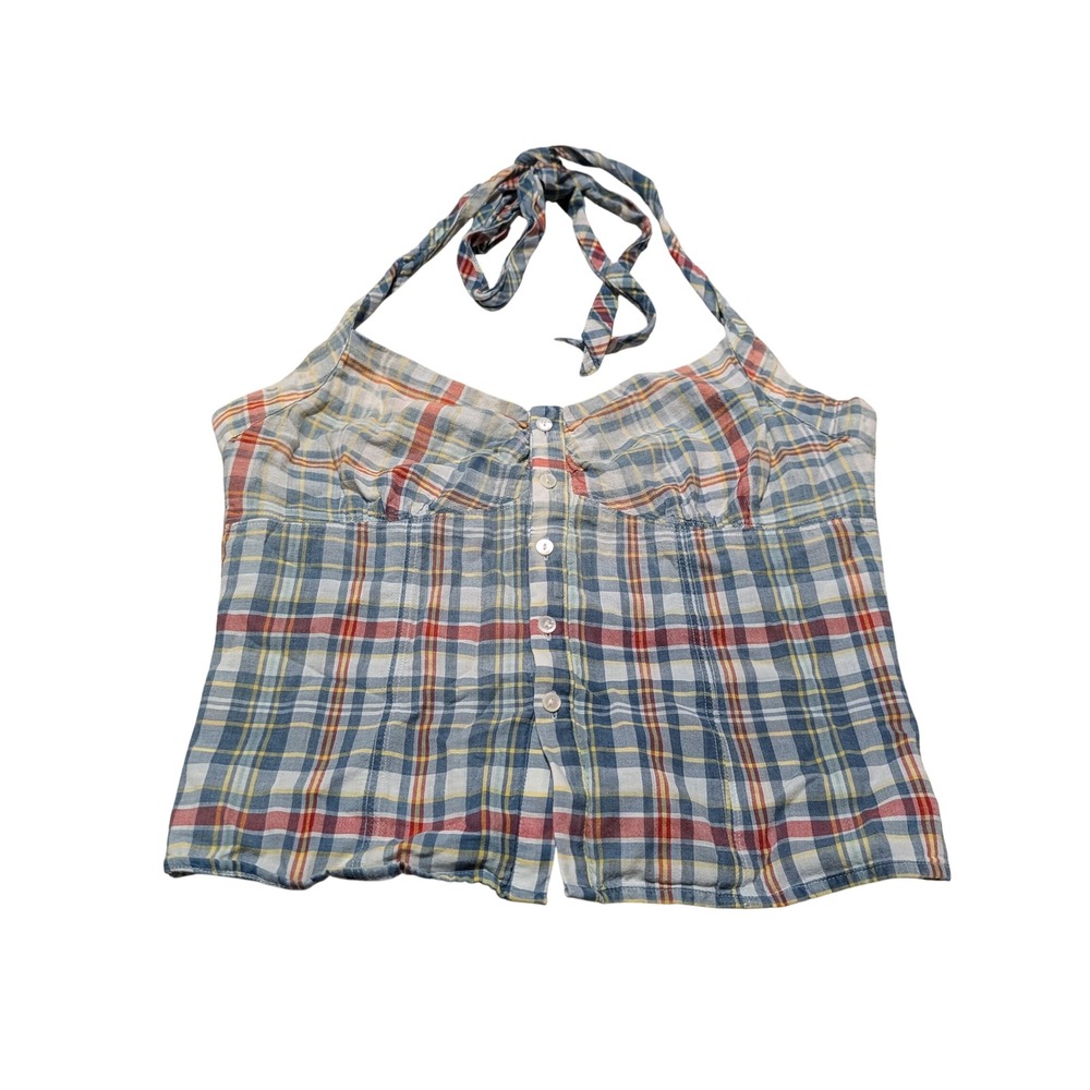 Polo Ralph Lauren Halter Top Women 6 Blue Plaid Madras Smocked Button Boho